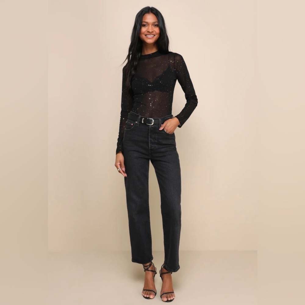 NWT LuLus Strike An Attitude Black Mesh Embellished Bodysuit Black Size Medium